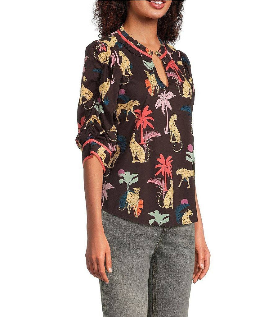 Democracy Top PS Petite Animal Palm Print Ruched Sleeve V-Neck NWT MSRP $78