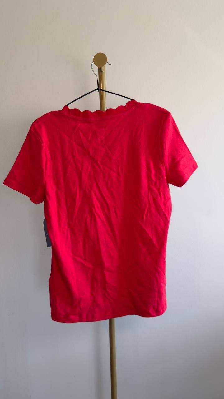 Nautica Women’s Scallop-Trim Cotton Short-Sleeve T-Shirt Red L NWT $39.50