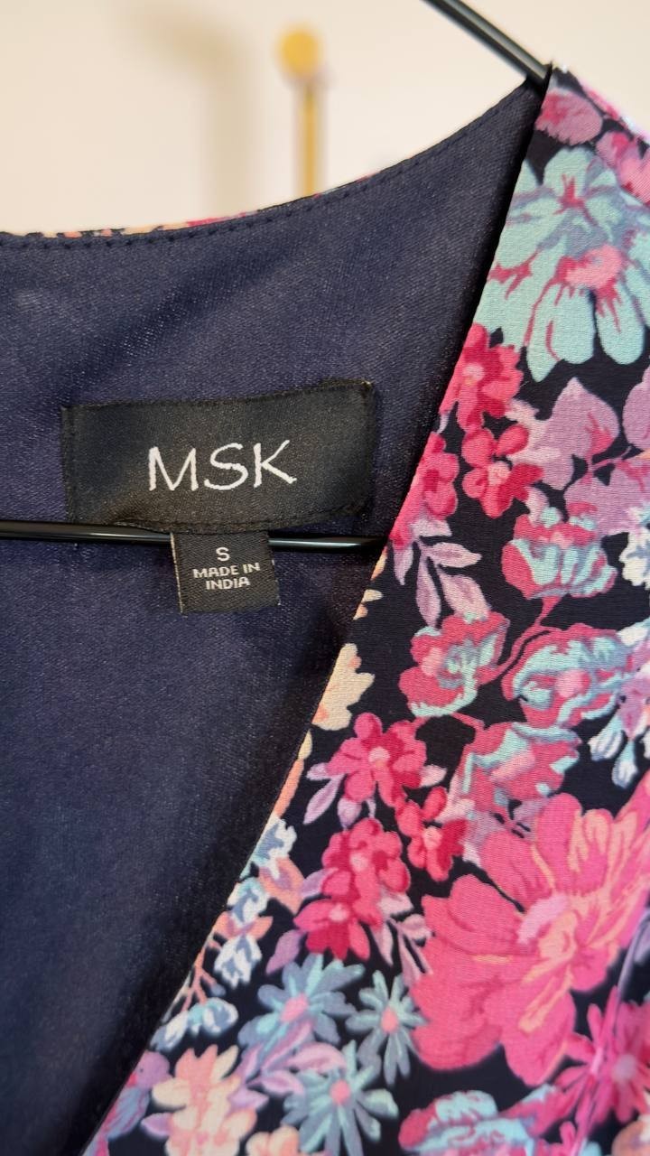MSK Printed V-Neck Flutter-Sleeve Smocked-Waist Dress JBS Navy S NWOT $89