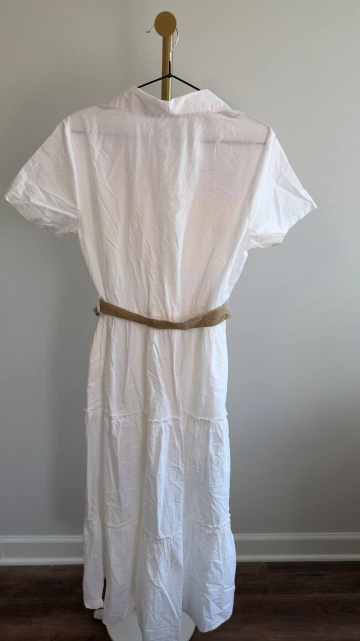Her Destiny White Button-Front Tiered Dress Belted M NWT $118