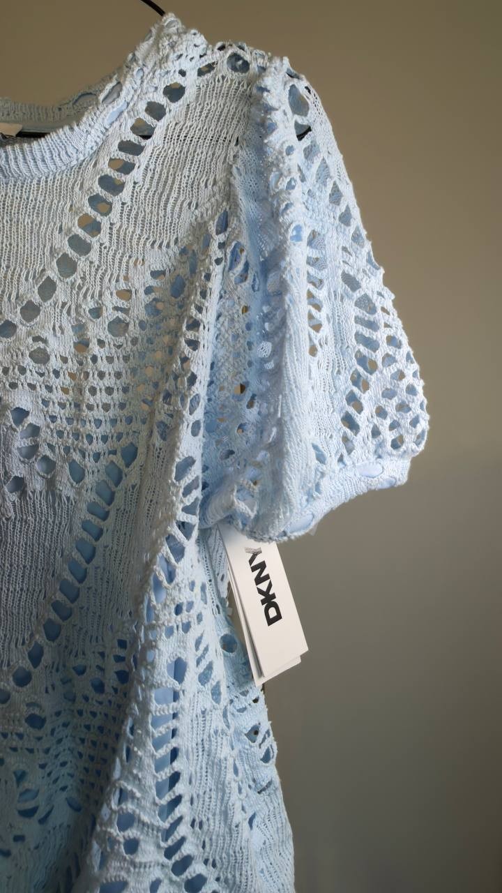 DKNY Leaf Crochet Short‑Sleeve Cotton Top Blue M NWT $99