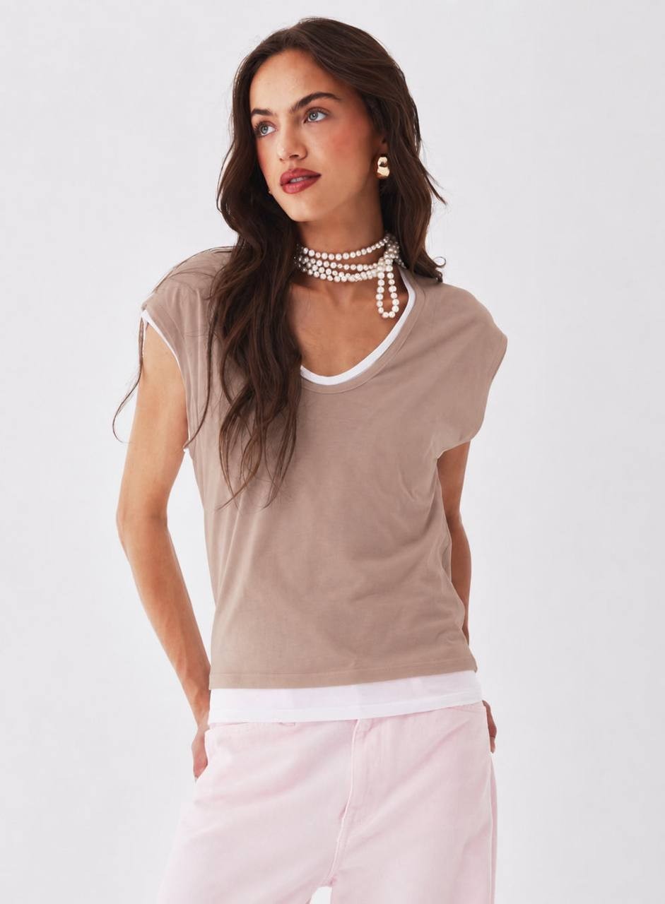 Majestic Filatures Supima Double Layer Cap Sleeve V‑Neck Tee Desert 4 NWT $245