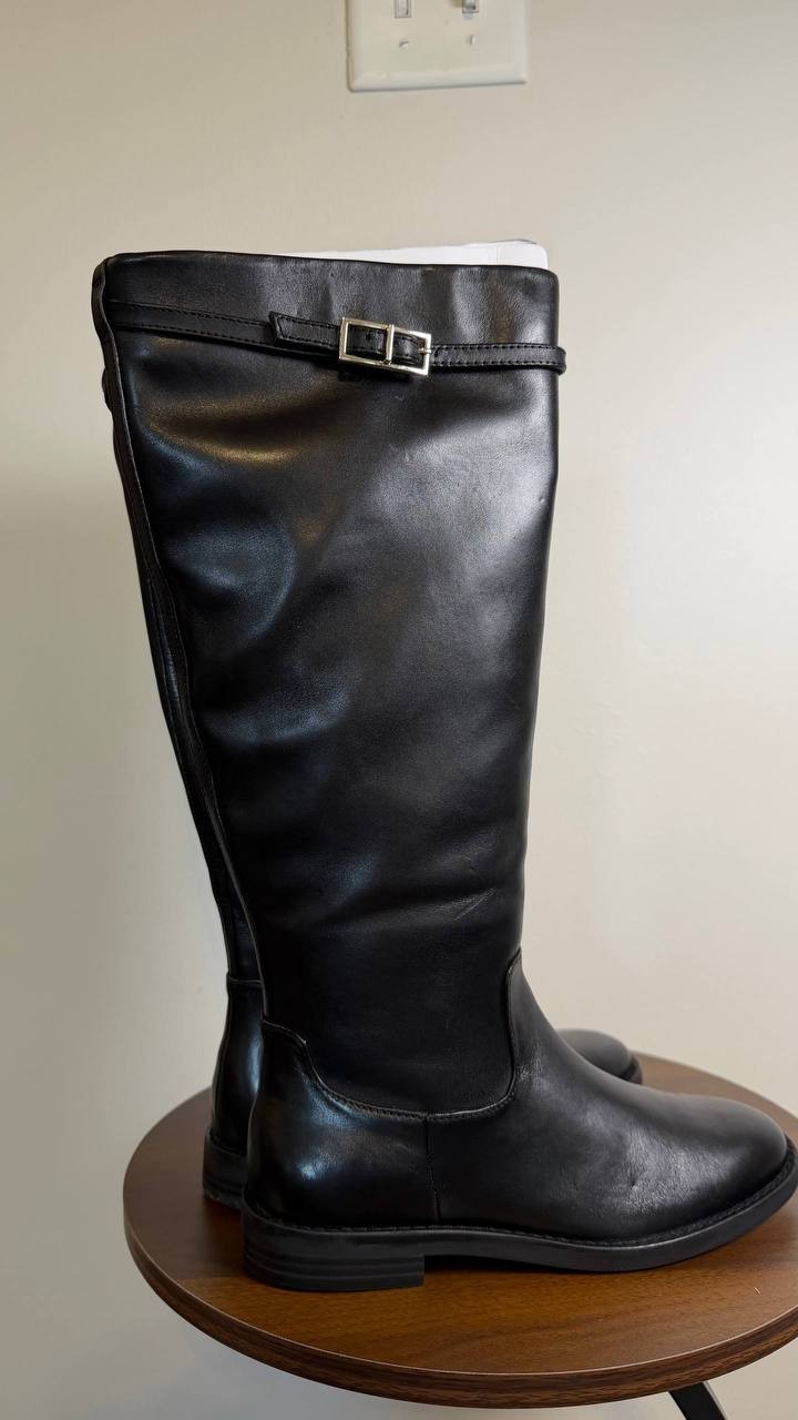 INC Britta Boots 6.5M Black Beauty Leather Knee Riding Flat Zip NIB msrp$189