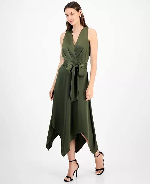 Anne Klein Surplice Handkerchief-Hem Sleeveless Midi Dress Green 14 NWT $129
