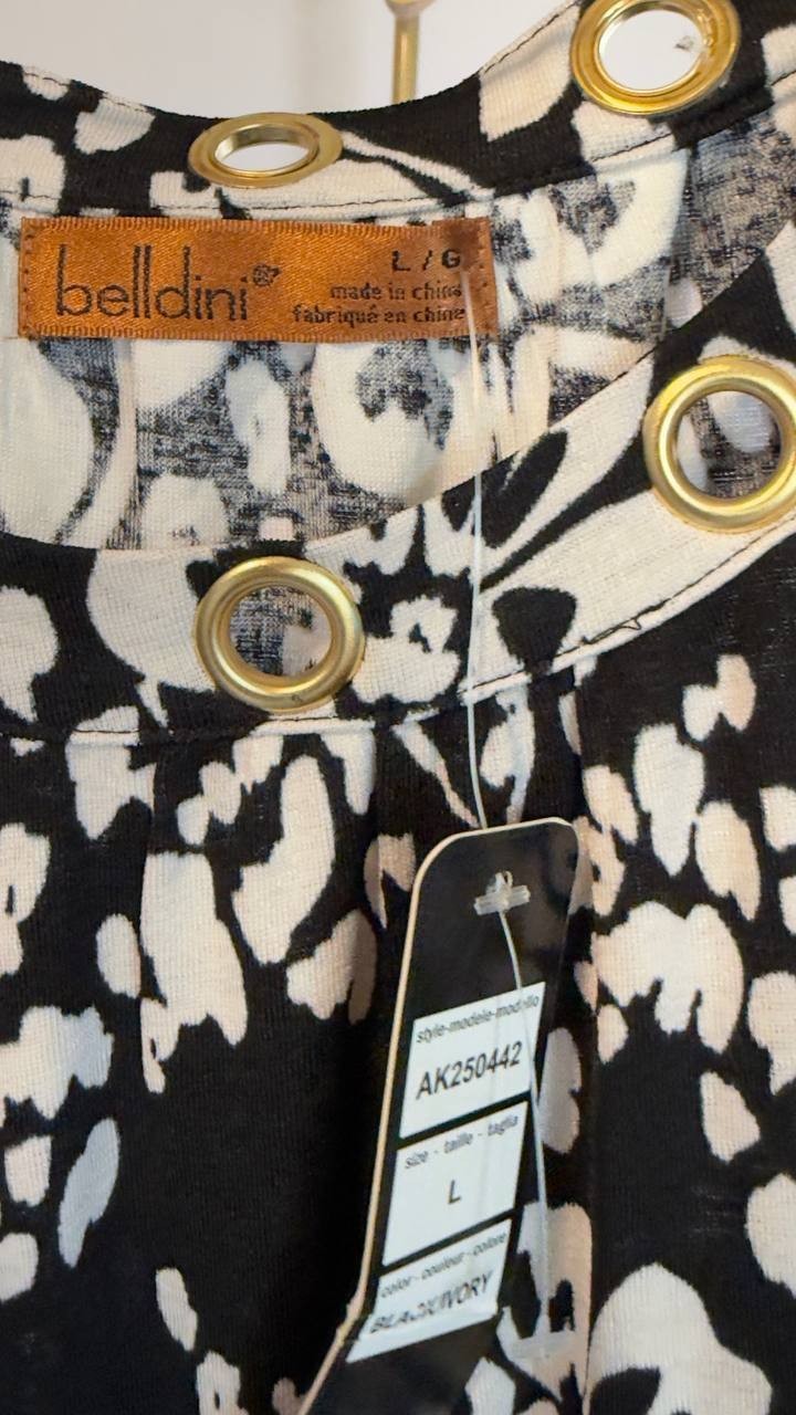 Belldini Grommet Detail Floral Raglan Knit Top Black Combo L NWT $49