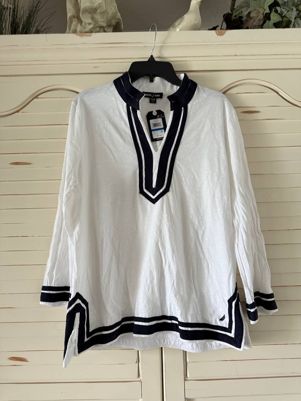 Nautica V-Neck Tunic Top White XL NWT Cotton Knit Long Sleeve Relaxed Fit