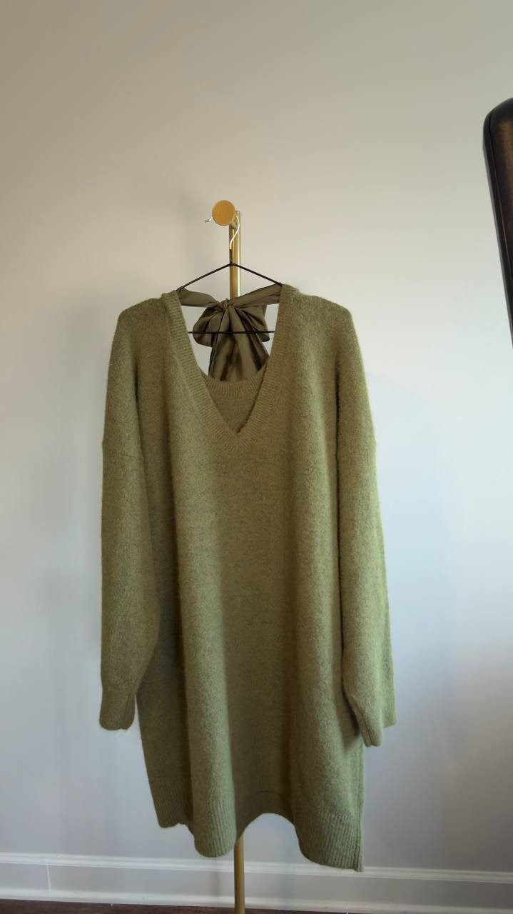 Lands’ End Fuzzy Bow Back Mini Sweater Dress Olive Drab Heather XL NWOT $109.95