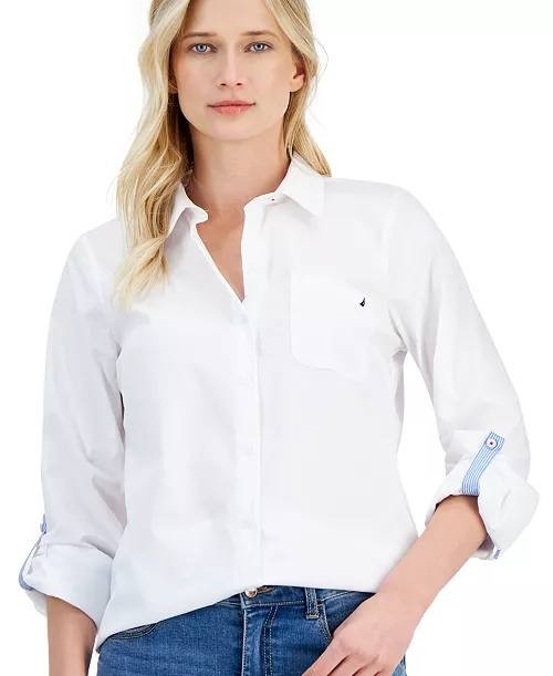 Nautica Women’s Roll‑Tab Button‑Front Shirt White L Pre‑Owned Excellent $64.50