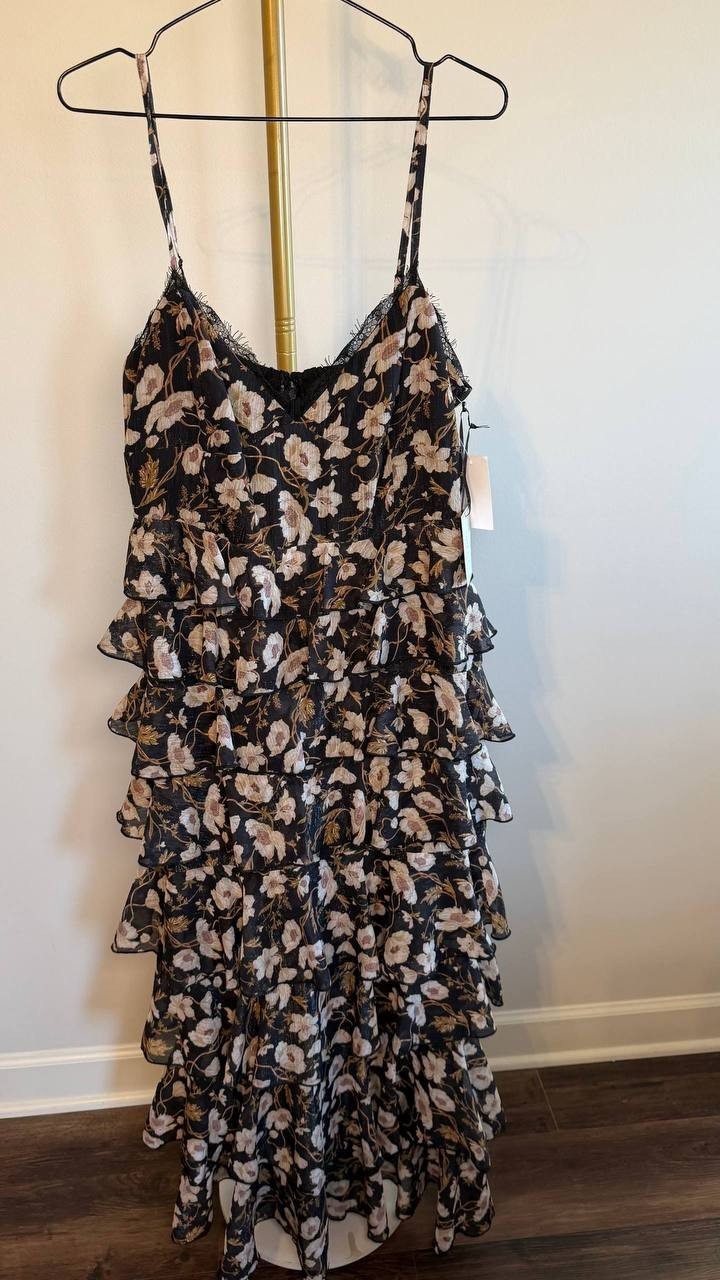 1.STATE V‑Neck Tiered Floral‑Print Maxi Dress Reach Black L NWT $139