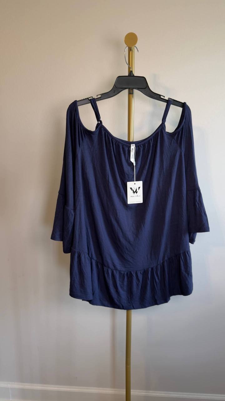 White Mark Plus Size Cold Shoulder Ruffle Sleeve Top Navy 2XL NWT $52