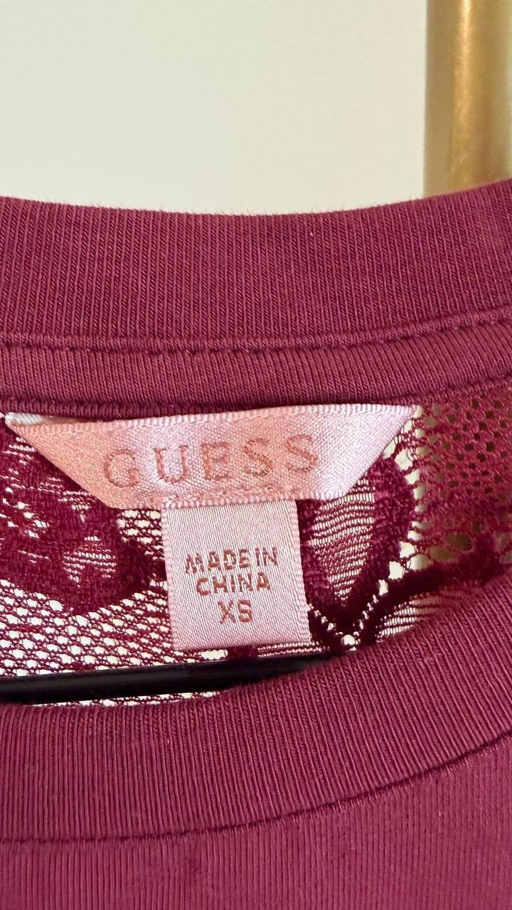 Guess Women’s Lace Sleeve Rhinestone Logo Tee Burgundy XS $50 NWT