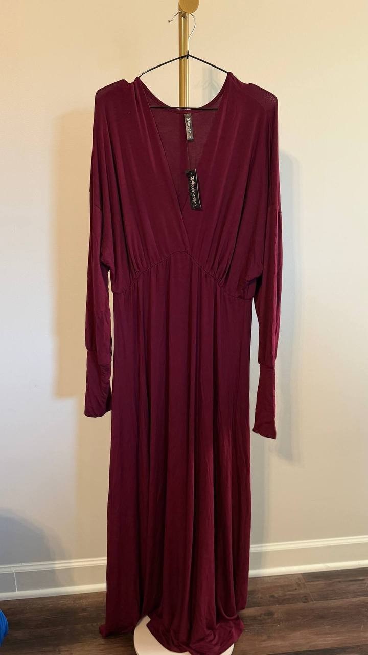 24Seven Comfort Apparel Women’s Bishop Sleeve Maxi Dress Wine 2X $101.99 NWT