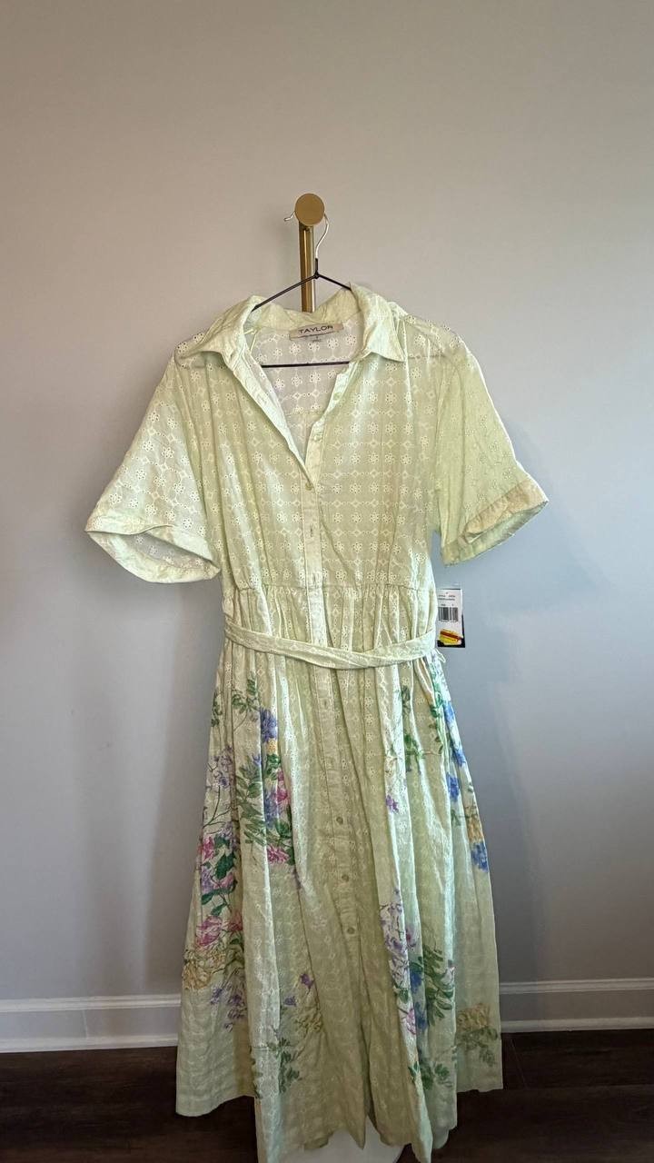 Taylor Eyelet‑Embroidered Belted Cotton Shirt Dress Pea Green 8 NWT $138