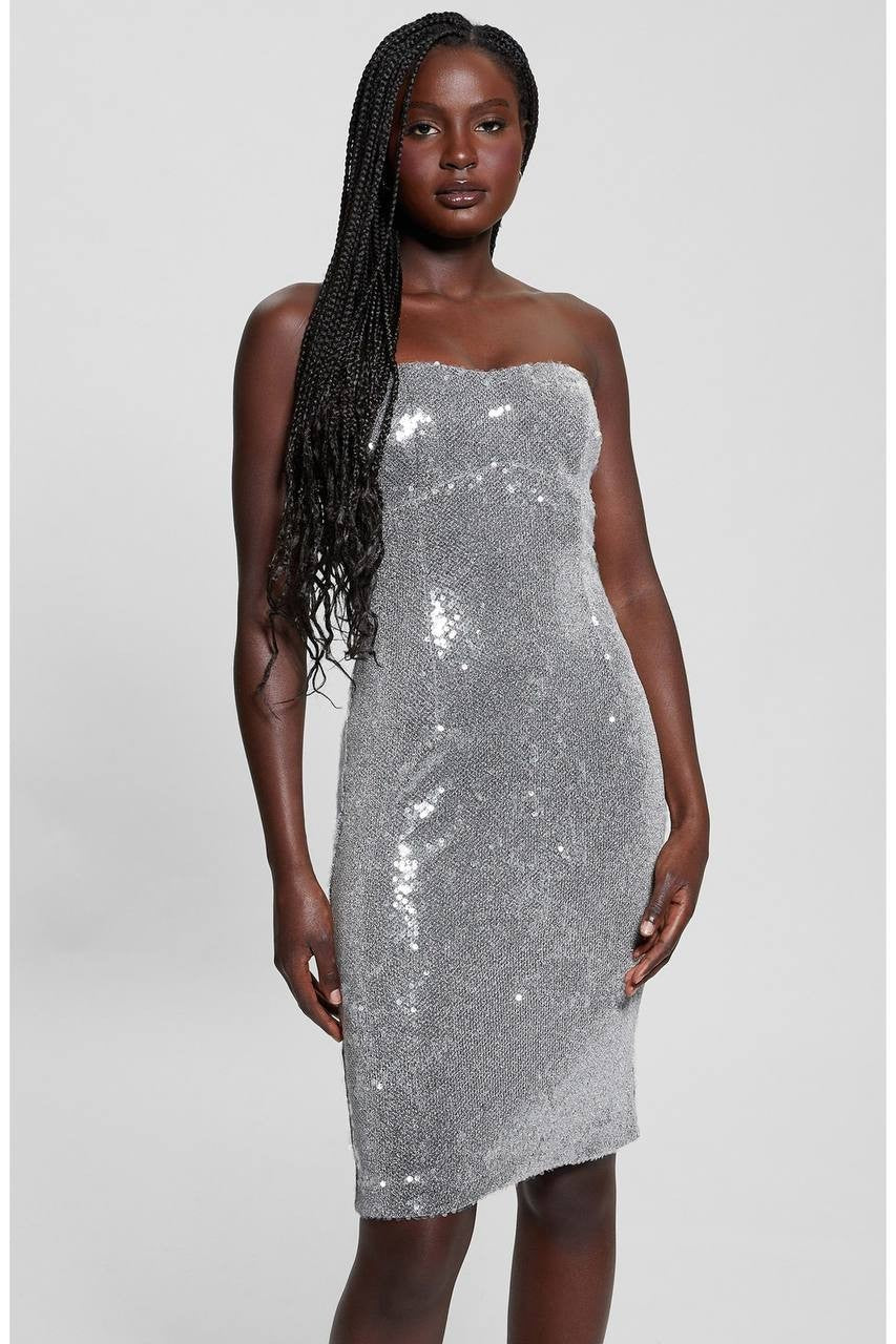 Guess Jamie Sequin Strapless Sheath Dress Silver 6 NWT $188