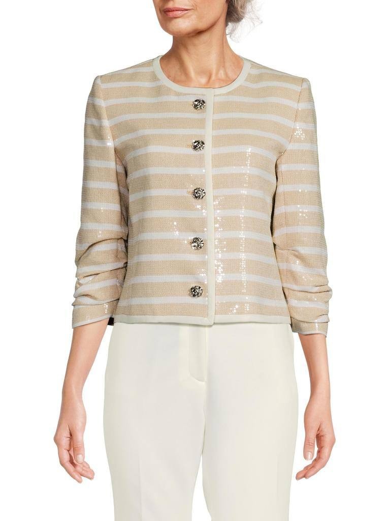 Karl Lagerfeld Paris Sequinned Striped Jacket Beige S NWOT $229
