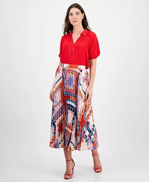 T Tahari Women’s Printed Pleated Pull‑On Midi Skirt Como Tile Print $88 NWT