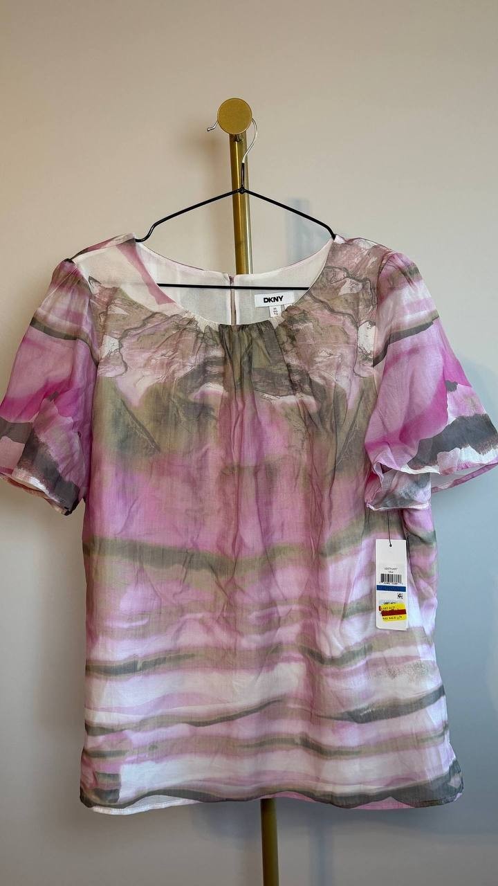 DKNY Printed Puff‑Shoulder Chiffon Blouse Abstract XL NWT $79