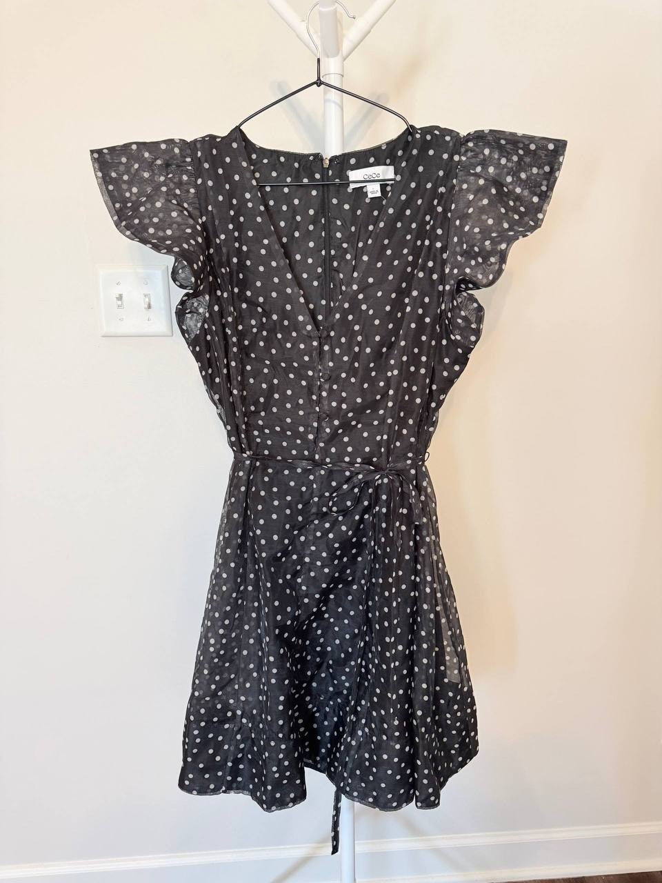 CeCe Polka‑Dot Tie‑Waist Flutter‑Sleeve Mini Dress – Black– Size L – NWOT –$119