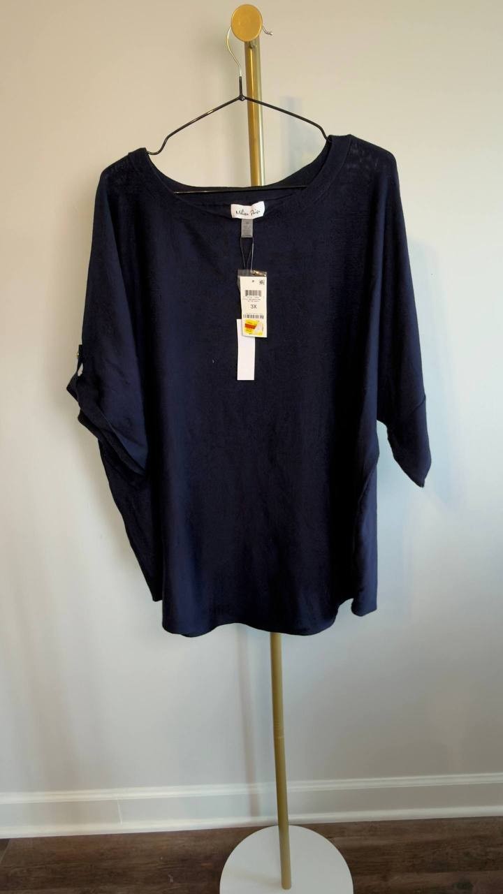 Melissa Paige Textured Button‑Tab Sleeve Top Navy 3X NWT $51.50