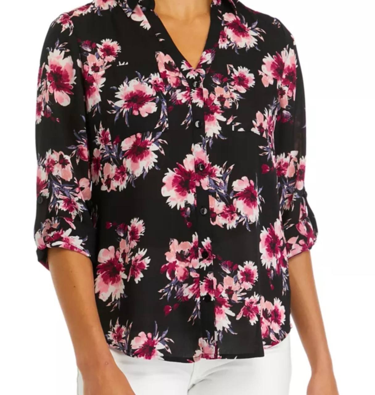 BCX Portofino Woven Top Black Floral Roll‑Tab Sleeves L NWT $79