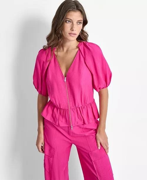 DKNY Women’s V‑Neck Zip‑Front Short‑Sleeve Top – Rose – NWT