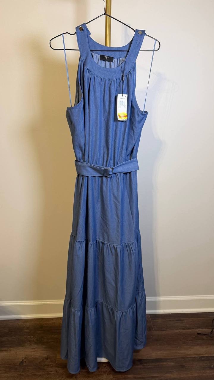 T Tahari Tiered Fit & Flare Halter Maxi Dress Blue XL $138 NWT
