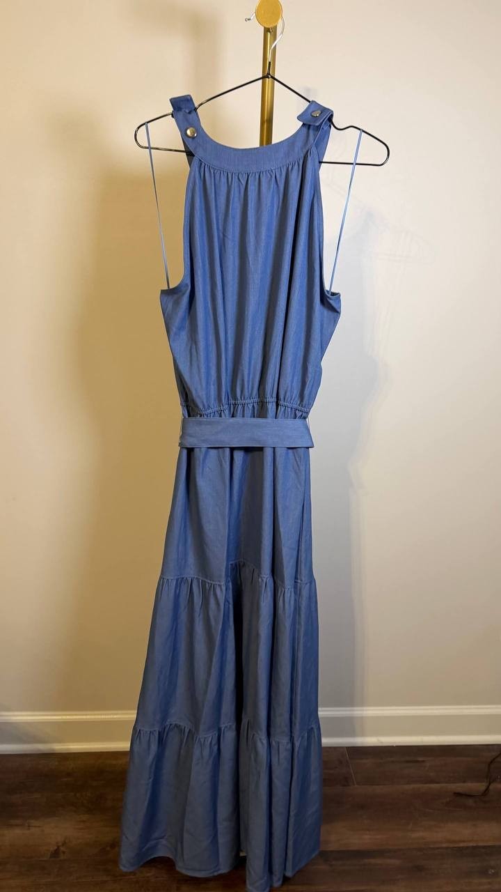 T Tahari Tiered Fit & Flare Halter Maxi Dress Blue XL $138 NWT