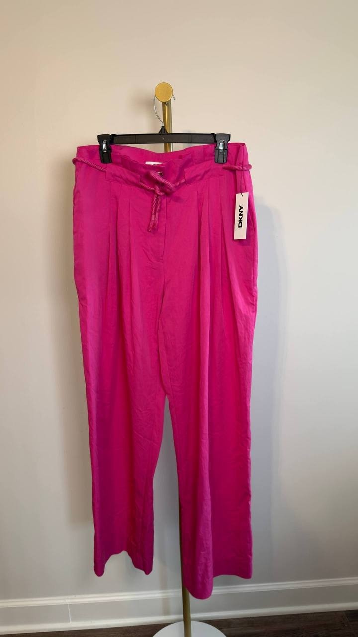 DKNY Rope Tie Front Wide Leg Pant Vivid Pink 12 NWT $99