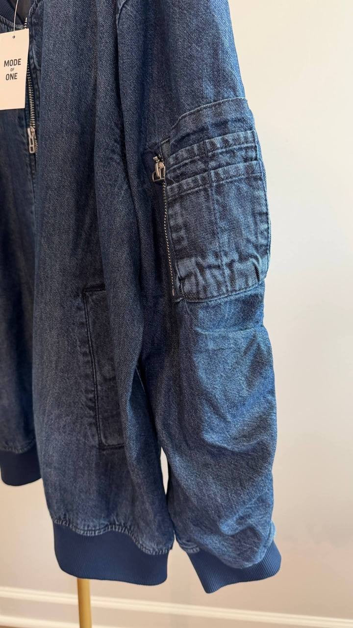 Mode of One Men’s Costas Zip‑Front Denim Bomber Jacket Blue L $100 NWT
