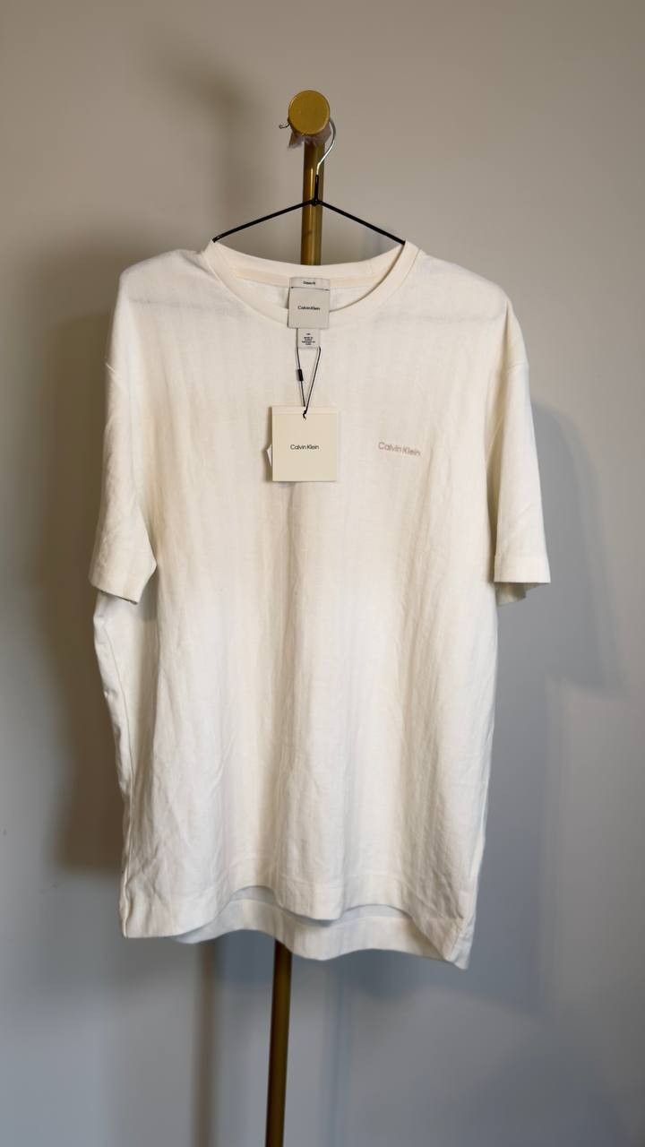 Calvin Klein Vertical Stripe Textured Crewneck T‑Shirt Tofu L NWT $59