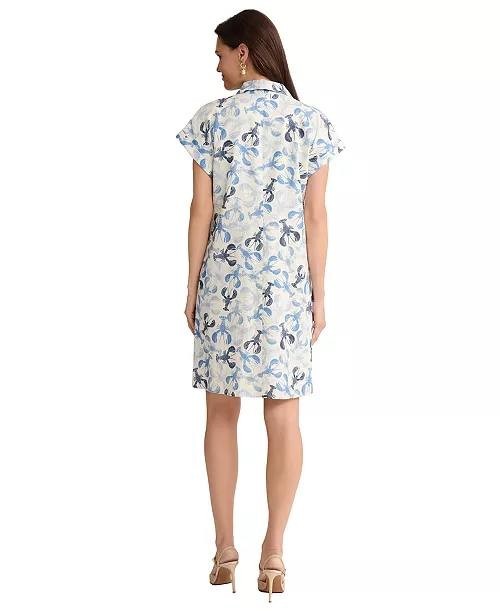 Jones New York Collared Linen‑Blend V‑Neck Dress PM Natural White Multi NWT $99