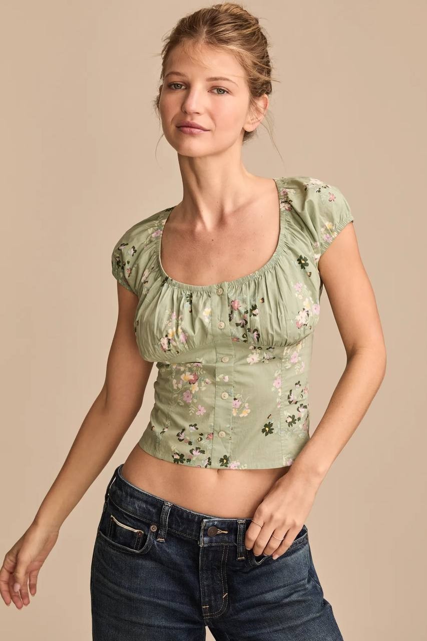 Lucky Brand Green Floral Corset Top, Cotton, Size M, NWT, Boho Puff Sleeves