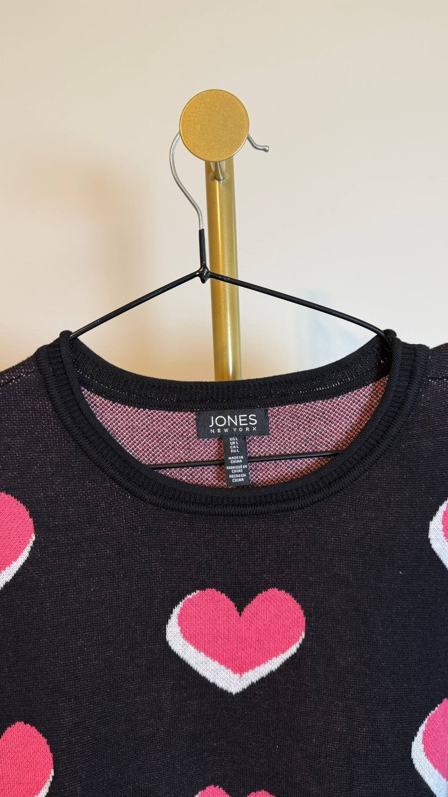 Jones New York Women’s Scatter Heart Crewneck Sweater Black Pink $99 NWT