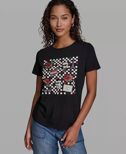 Karl Lagerfeld Paris Checkboard Logo Crewneck Motif Top M Black NWT $59