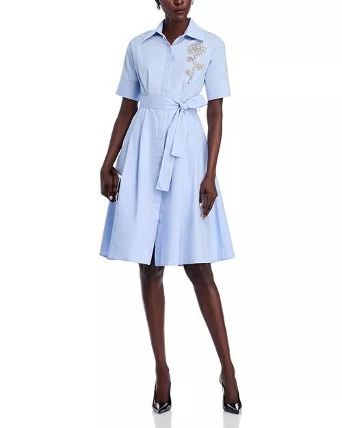 T Tahari Rose Appliqué Cotton Dress LightBlue Size-L Button-Front Tie Waist
