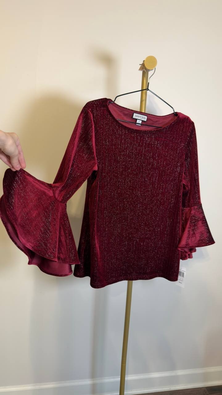 Sam & Jess Women’s Velvet Crewneck Bell 3/4‑Sleeve Blouse Maroon S NWT $59