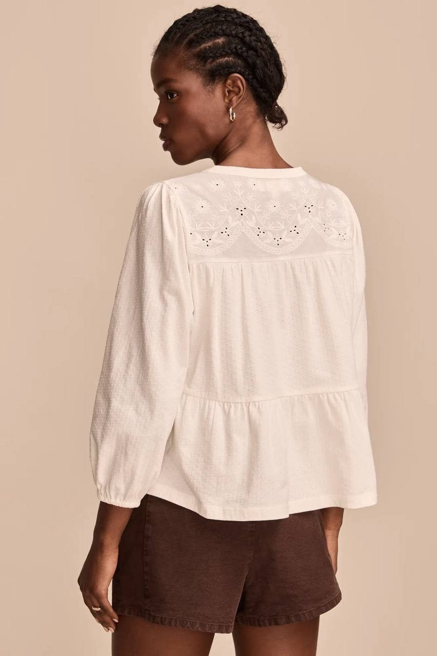 Lucky Brand Top S Whisper White Tiered Babydoll Textured Blouse NWT MSRP $79