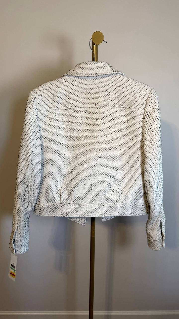 DKNY Petite Cropped Tweed Trucker Jacket Long Sleeve White Black 8P $159 NWT