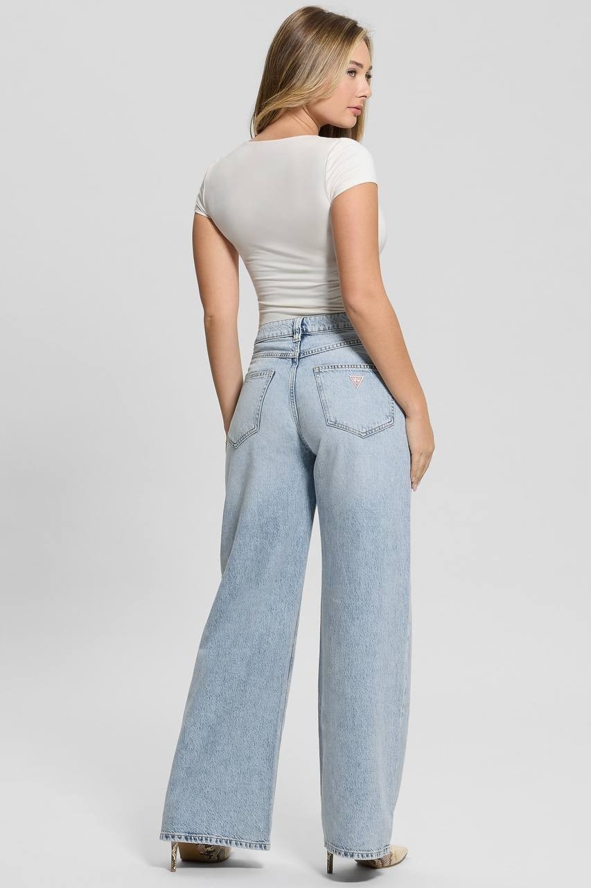 Guess Eco Bellflower Wide‑Leg Jeans Jersey Blue 27x32 NWT $118