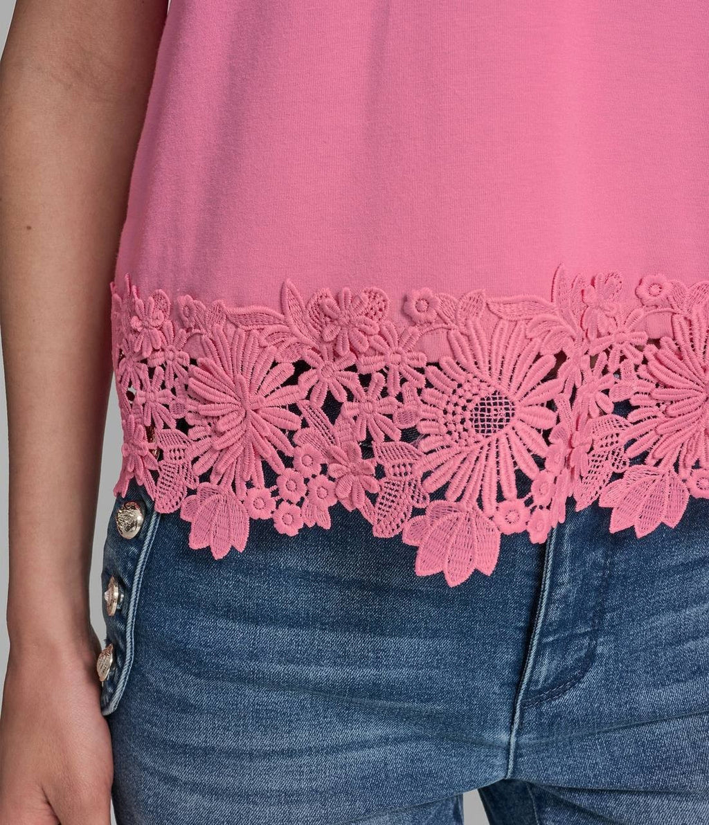 Karl Lagerfeld Cotton & Modal Floral Lace Hem Tee Pink Carnation XS NWT $79