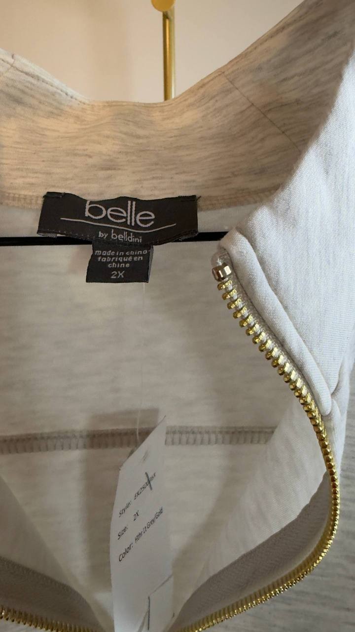 Belldini Plus Scuba Knit Quarter‑Zip Top Light Grey 2X NWT $49