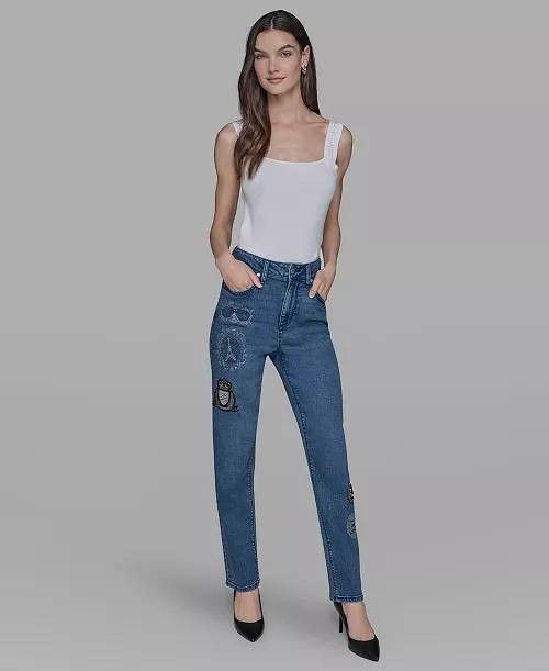 Karl Lagerfeld Patch Denim Straight‑Leg Jeans Denim Blue 6 NWT $139