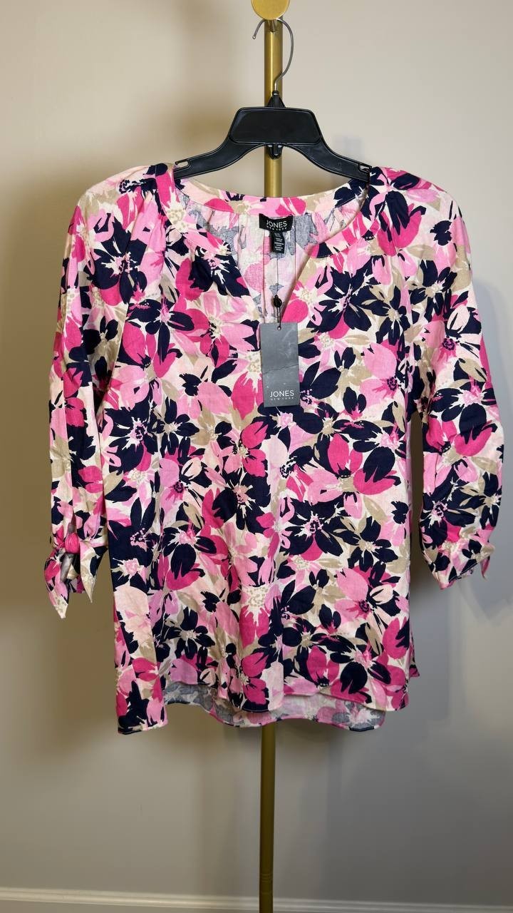 Jones New York Tie‑Sleeve Printed Split‑Neck Blouse White Multi M NWT $69.50