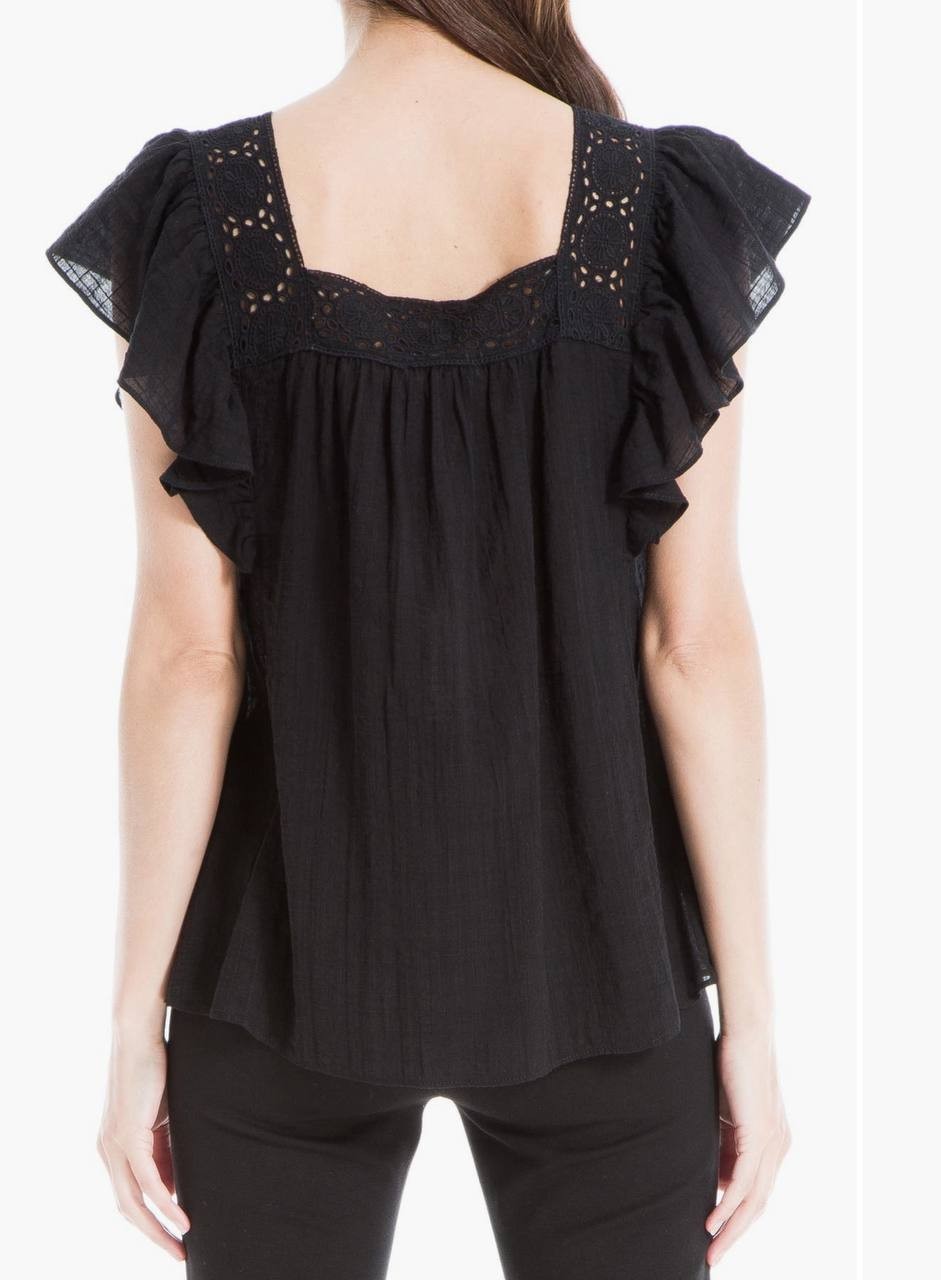 Max Studio Black Blouse with Flutter Sleeve &amp; Square Neck Women's M NWT