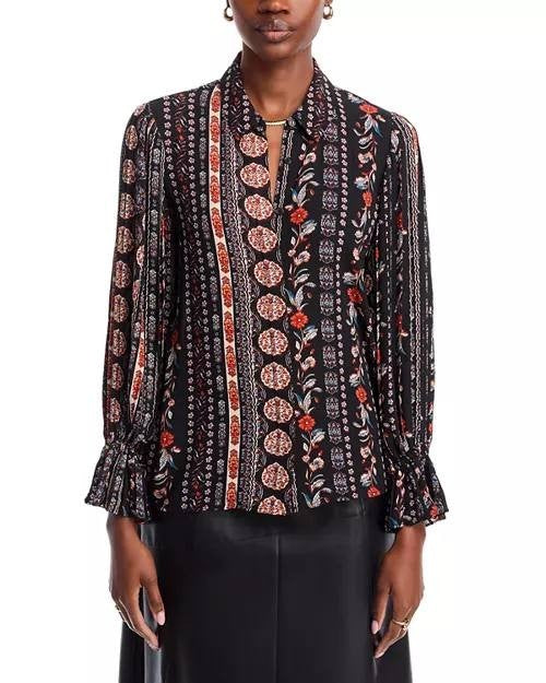 T Tahari Floral Striped Blouse S/P Petite, Round Neck, Short Sleeve, Office