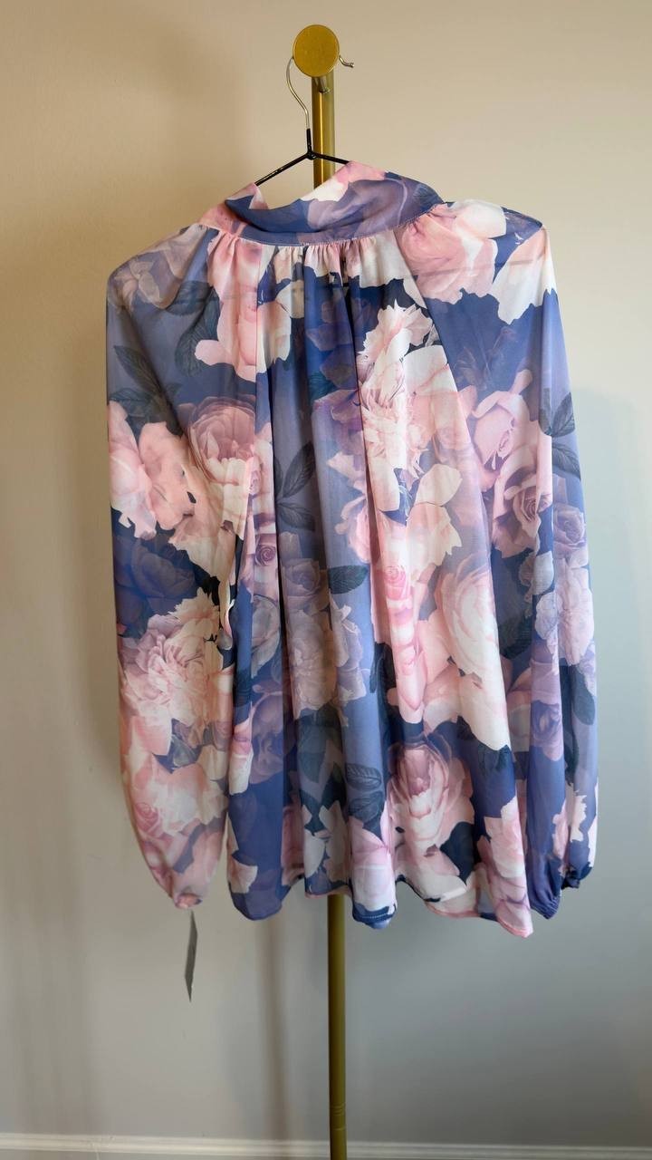 Tahari ASL Printed Ruffle Top Blue Petal Floral 1X NWT $109