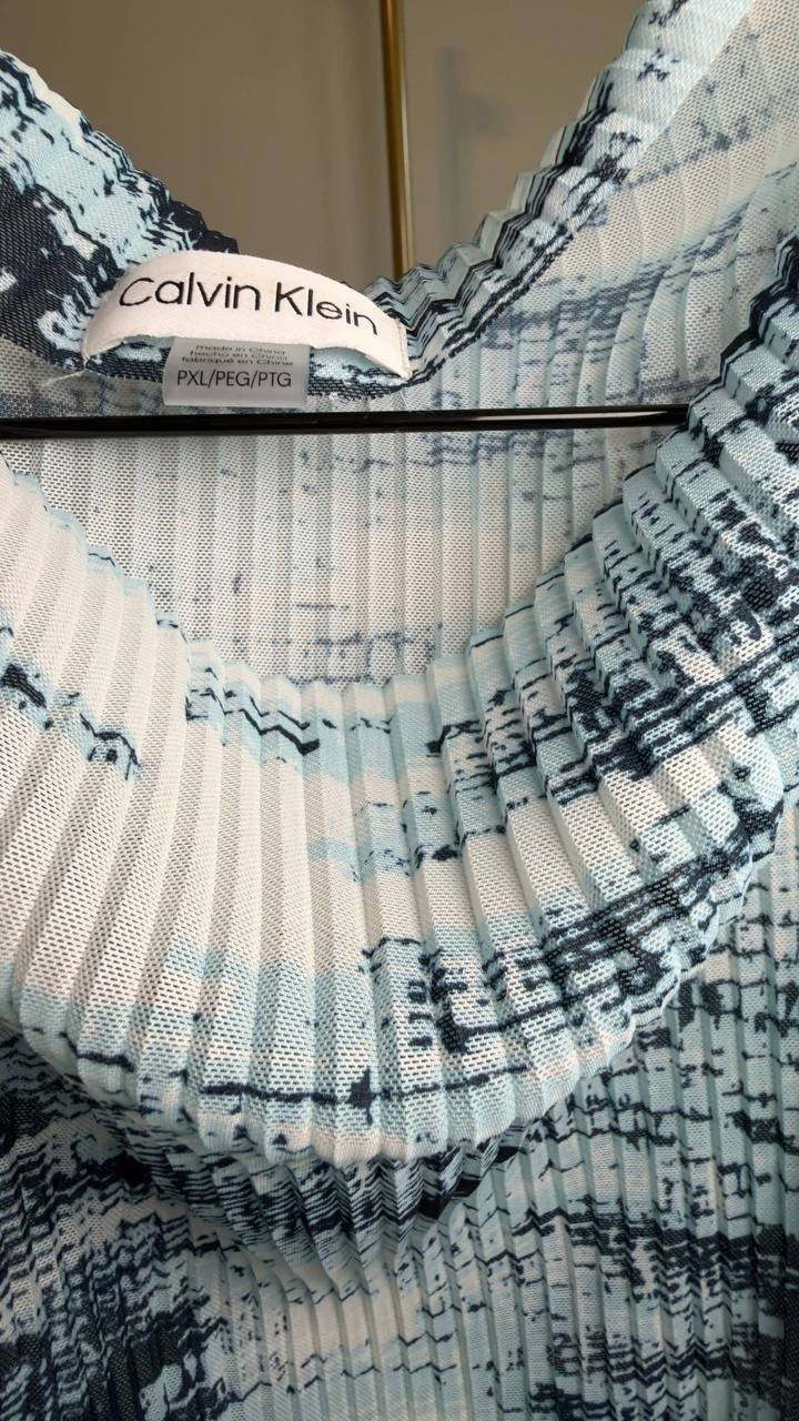 Calvin Klein Petite Printed Pleated Sleeveless Top Blue Multi PXL NWT $69