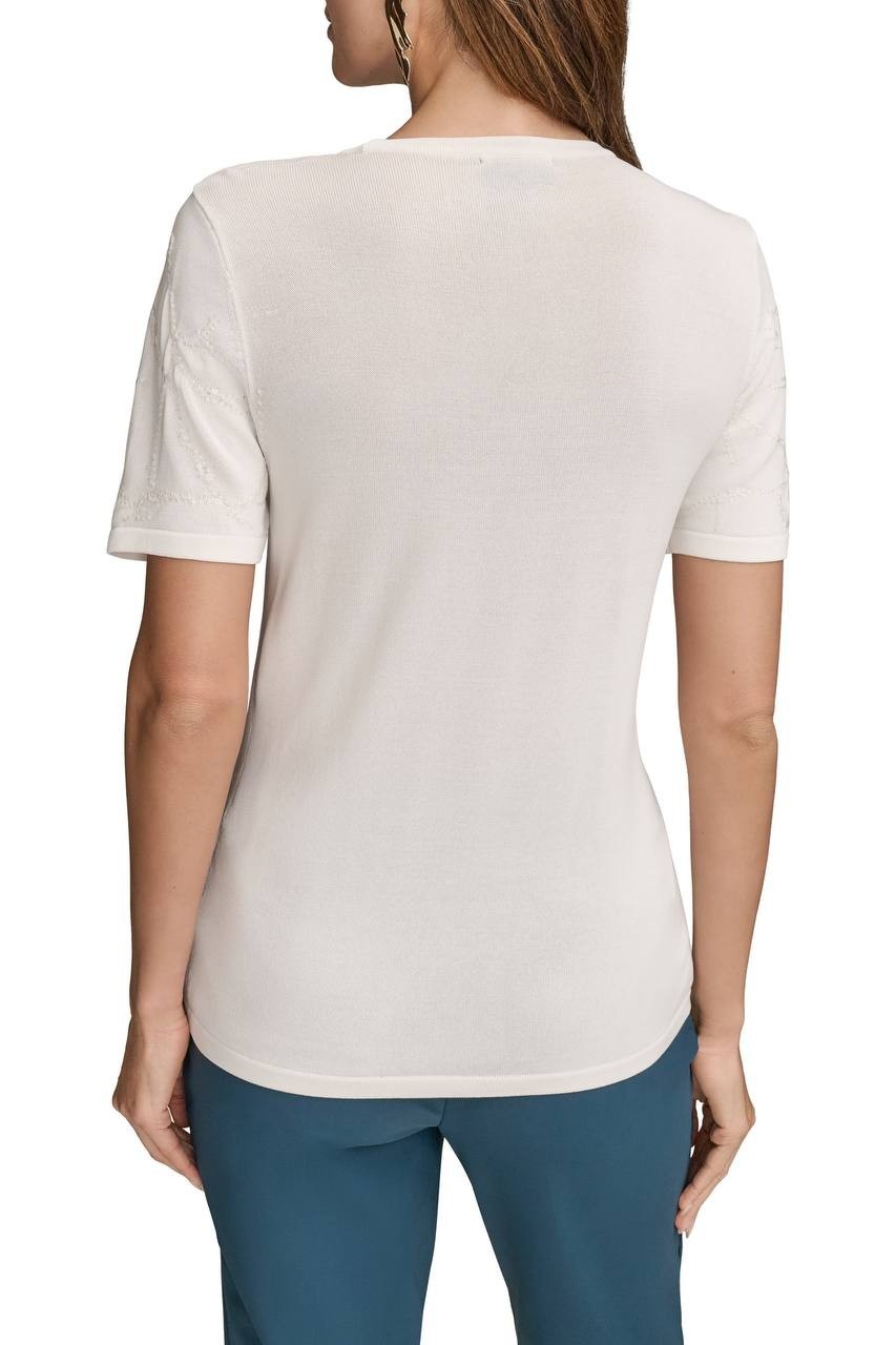 Donna Karan NY Sequin Embellished Short Sleeve Sweater Cream XS NWT $99