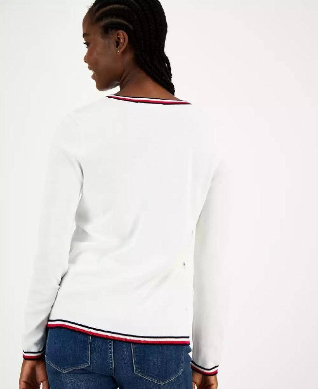 Tommy Hilfiger Cotton Hotfix V‑Neck Sweater White XXL Good Condition msrp$69.50