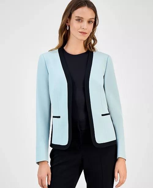 Kasper Blazer 12P Blue Petite Contrast Trim Open Front Long Sleeve Career NWT